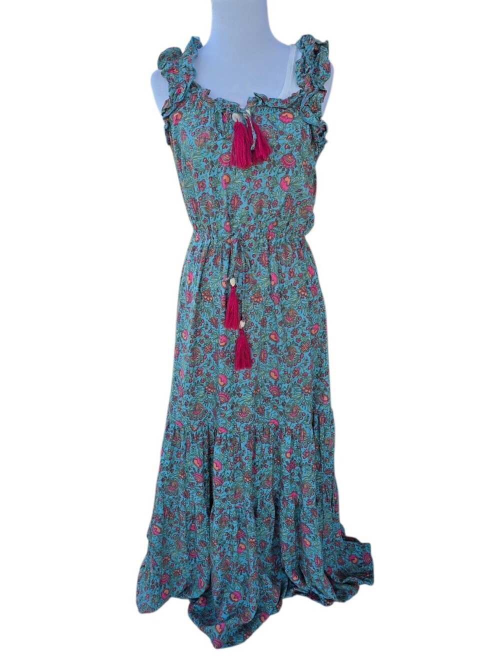 Natural Life Ruffled And Tassle Maxi Dress Teal Pink Orange Green Size XS - Picture 2 of 6